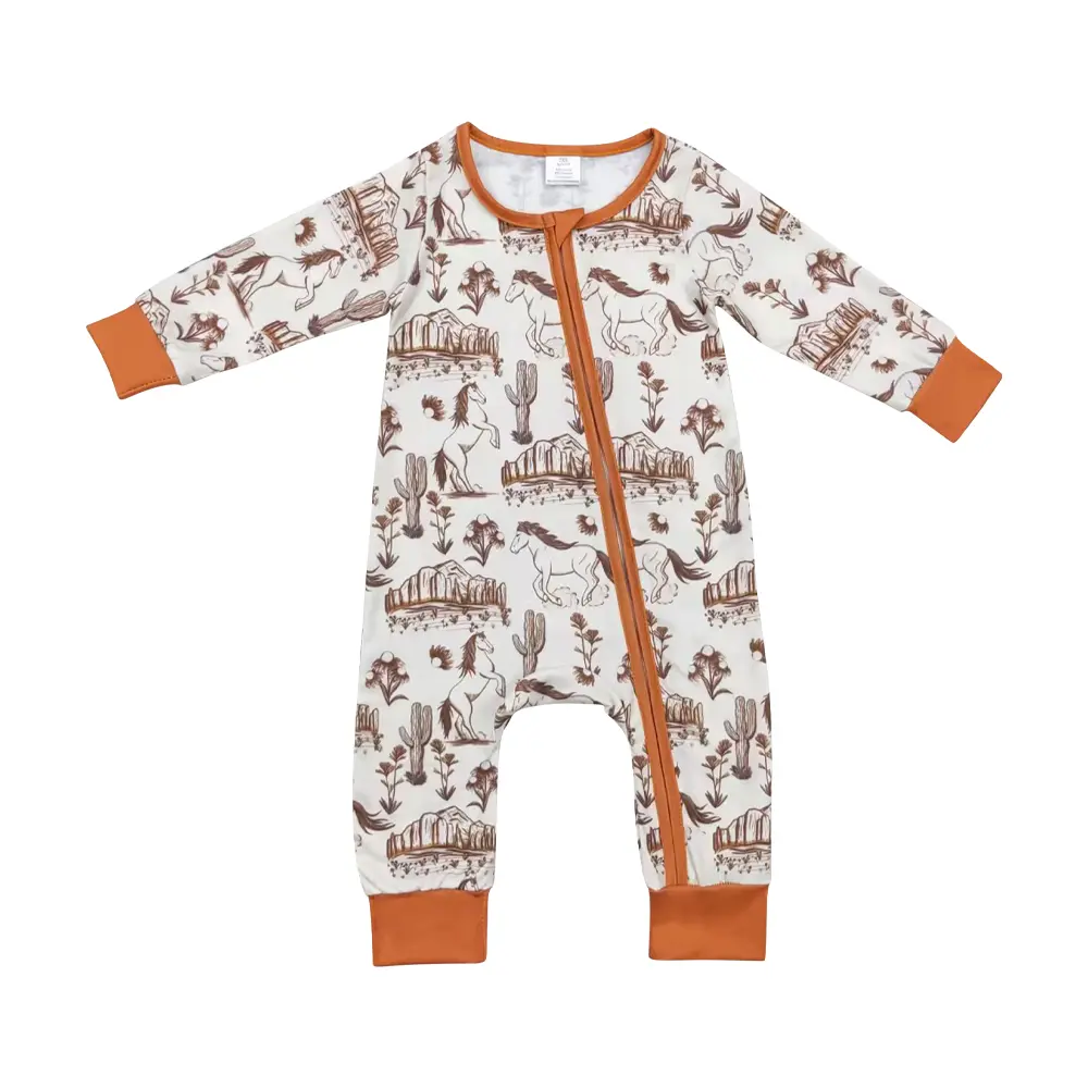 Toddler Boys' Western Cowboy Long-Sleeve Romper Jumpsuit with Zipper Closure, Casual Toddler Outfit