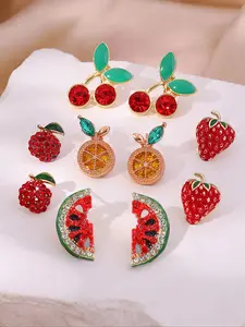 Cute Fruit Design Studs Earrings Set, Rhinestone Decor Fruits Earrings, Fashion Jewelry for Party, Daily Clothing Decor, Trendy All-match & Exquisite Jewelry for Birthday Gift, High Quality Earrings