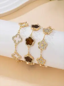 Three openwork four-leaf clover rhinestone bracelets, a five-leaf clover flower bracelet set, fashionable, versatile and exquisite jewelry, Stacked Design Bracelets