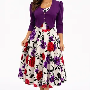 Long Purple Flower Dress with Elegant Floral Print and Button Front Design for Women