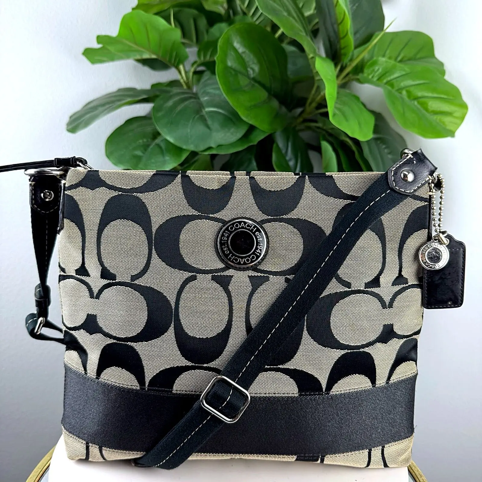 Pre-owned Signature 'C' jacquard fabric, dark leather trim Crossbody bags Black Signature 'C' Jacquard Crossbody Swingpack Bag with Dark Leather Trim, Crossbody Bag
