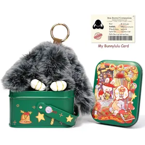 $Handmade Fluffy Bunny Pom Pom Keychain with Exquisite Tin Box, Cute Rabbit Key Ring Charm, Sweet Christmas Gift & Travel Accessory, Lovely Birthday Present for Girls & Women