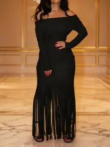 Women's Off-Shoulder Fringe Trim Bodycon Dress, Elegant Chic Long-Sleeve Formal Dress for Party Club and Dating Wear, Ladies' Dress for All Seasons, Elegance Womenswear