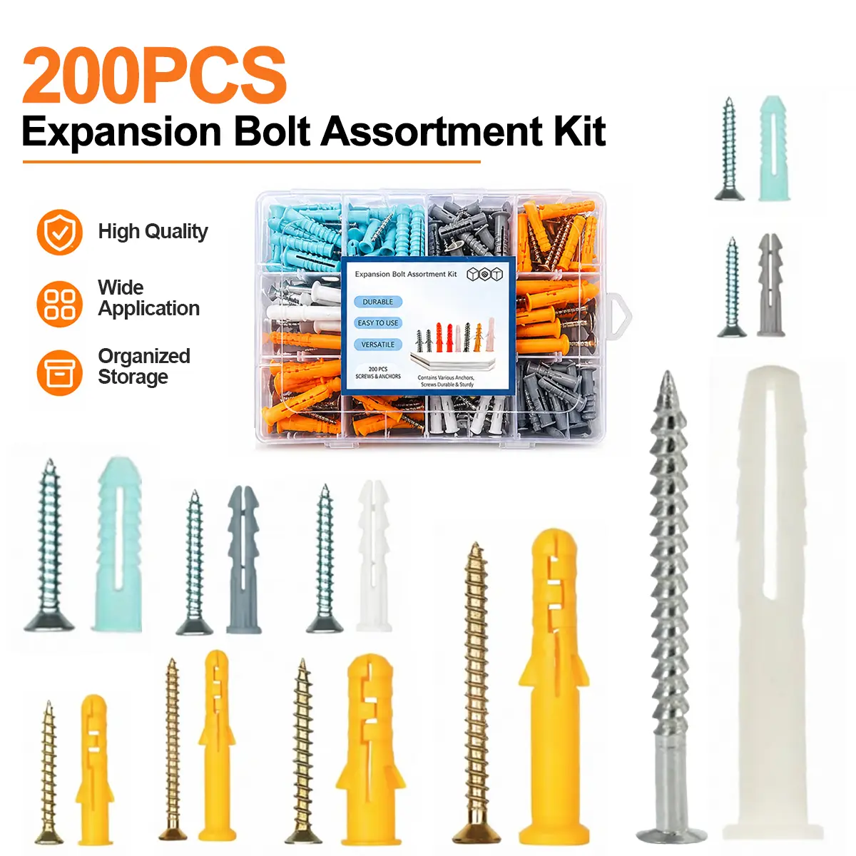 200-Piece Heavy-Duty Drywall Toggle Anchors and Screws Kit, Multi-Surface Plastic Expansion Tubes with Galvanized Steel Screws, Rustproof for Home Repair, Toggle Anchors Plastic Expansion Screw