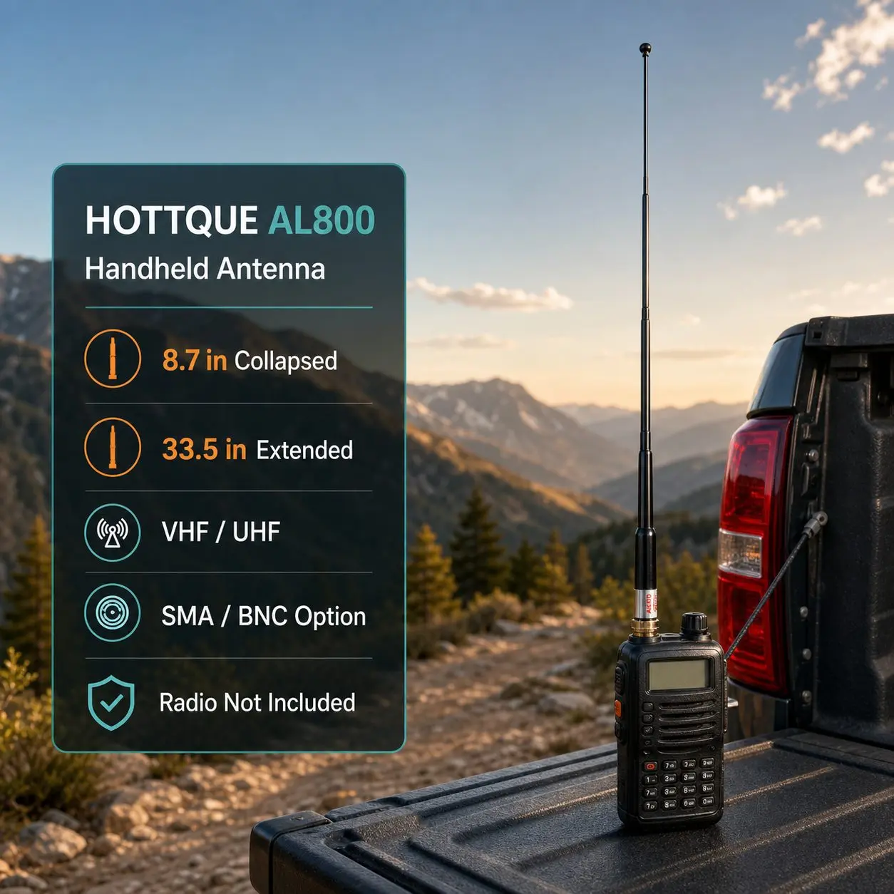 HOTTQUE AL800 Telescopic Handheld Ham Radio Antenna, 144/430MHz VHF/UHF Dual Band High Gain Walkie Talkie Replacement, 8.7–33.5in Extendable Whip, SMA/BNC Option for Camping, Off-Road & Emergency Use
