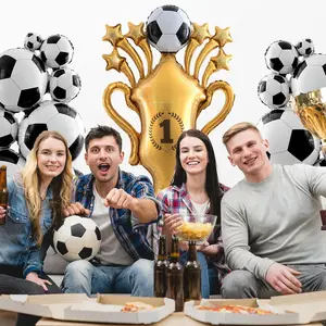 5FT Giant Self Standing Soccer Balloons Set (3PCS), Football Balloons with Trophy & Green Field Base, Perfect for Soccer Birthday Party Decorations for Kids