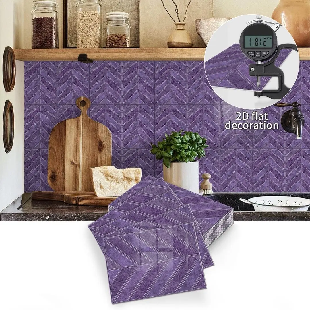 10/20 pcs purple fishbone marble pattern self-adhesive tiles splashback - waterproof self-adhesive vinyl wallpaper, easy to install, for kitchen, living room, bathroom decor, glossy, rectangular, home decor