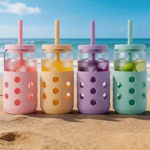 Mrsdry Round Glass Cups (4 Pcs, 16oz & 20oz) with Airtight Lids, Straws & Silicone Sleeves - Colorful Reusable Water Bottles & TikTok Viral Beverage Tumblers for Iced Coffee & Smoothies, Summer Essential Gift for Coffee Lovers
