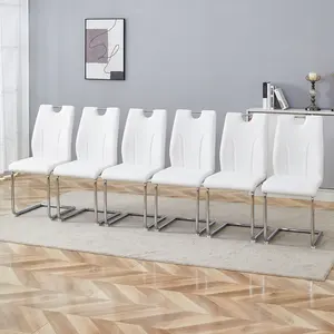 Bellemave White PU Dining Chair Set of 6 Modern Design with Thicken Seat Cushion & Silver Metal Legs Assembled 17.5x18x36.6 Inches for Offices & Kitchens