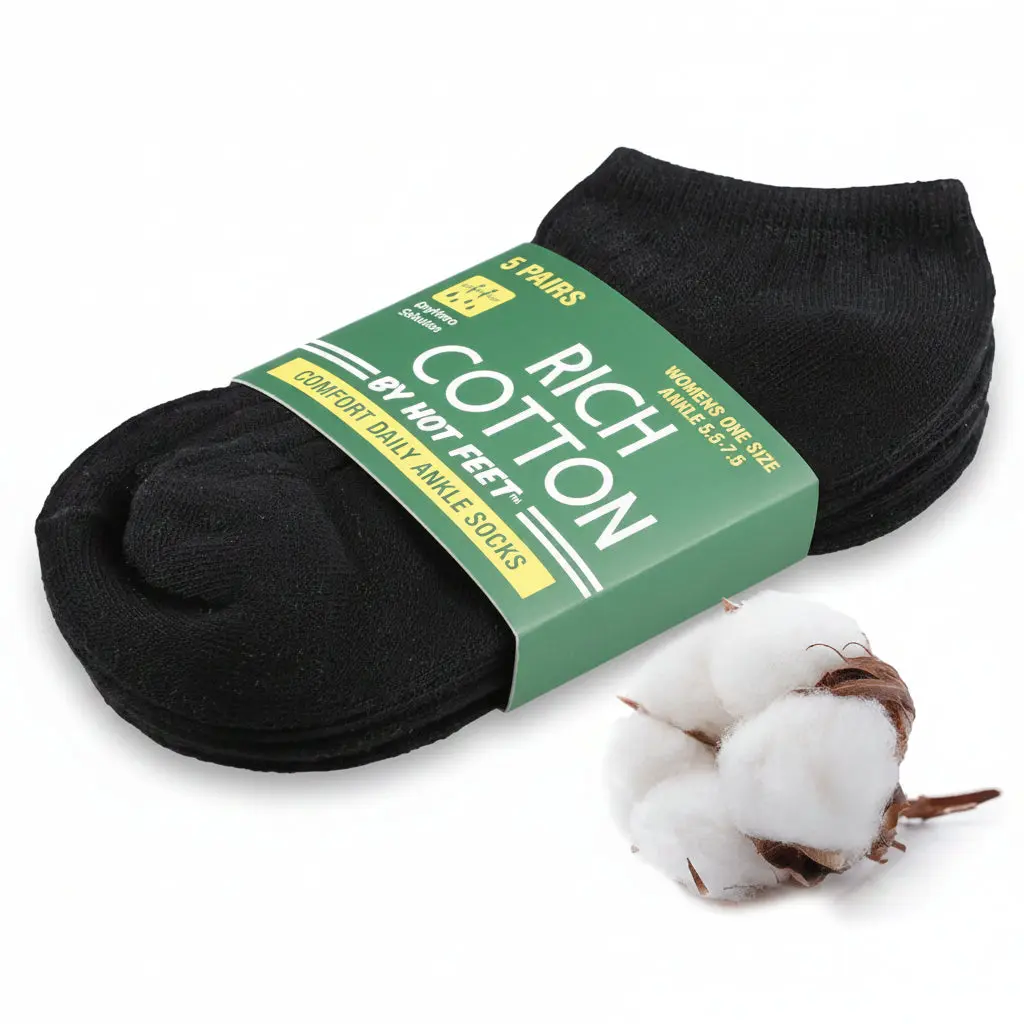HOT FEET Thin Women's No Show Summer Socks - 5 Pack Cotton Ankle, Low Cut Lightweight Moisture Wicking Footies, Size 5.5-7.5