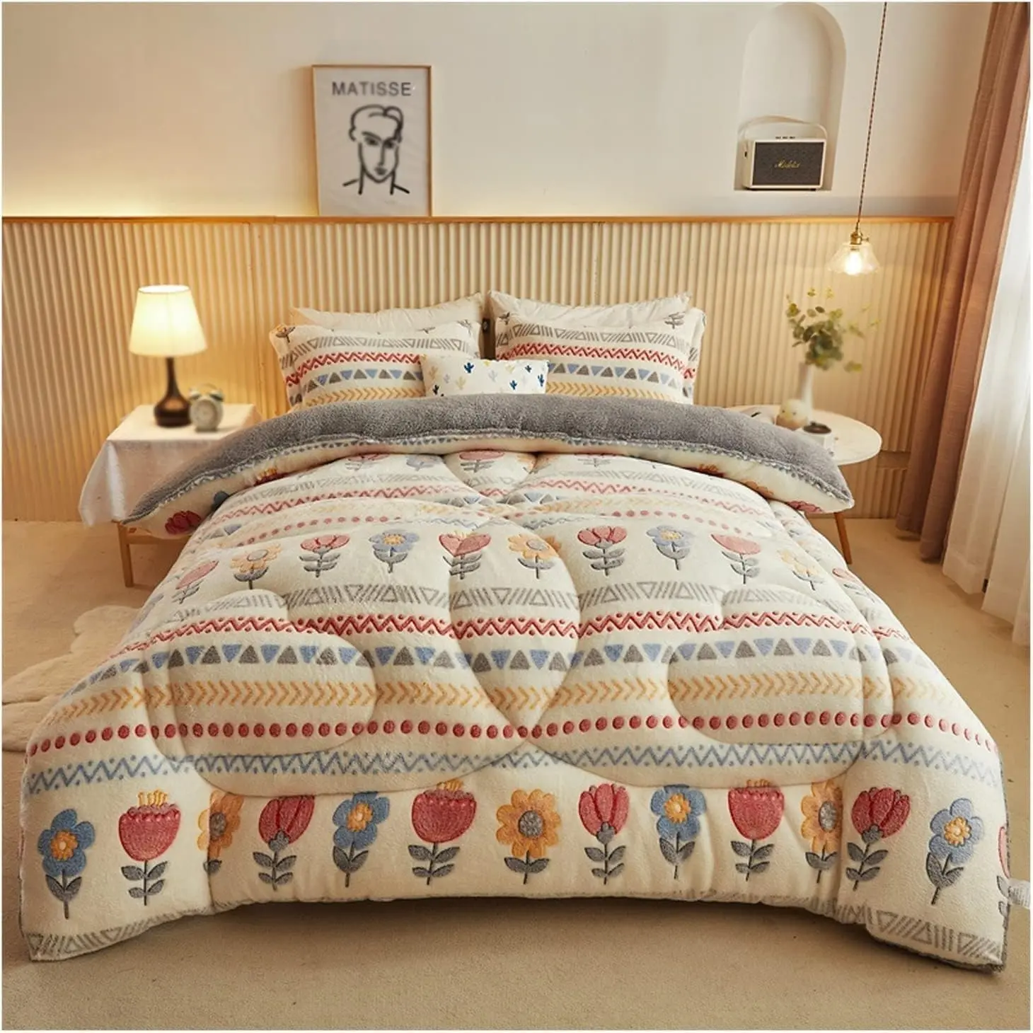 TORAX Floral Print Snow Flannel Comforter - Warm Microfiber Filling that Traps Warmth, Breathable, Wrinkle Resistant, Ultra Soft Double Sided, Machine Washable, No Duvet Cover Needed for Bedroom Use