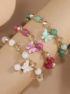 Elegant Beaded Butterfly Pendant Layered Bracelets Set for Women, Bohemian Style, Daily Wear, Perfect Holiday Gift, 3 Piece Set, Durable Metal Coating, Fashionable Bangles, Beaded Charm Bracelet, Bracelets Stack