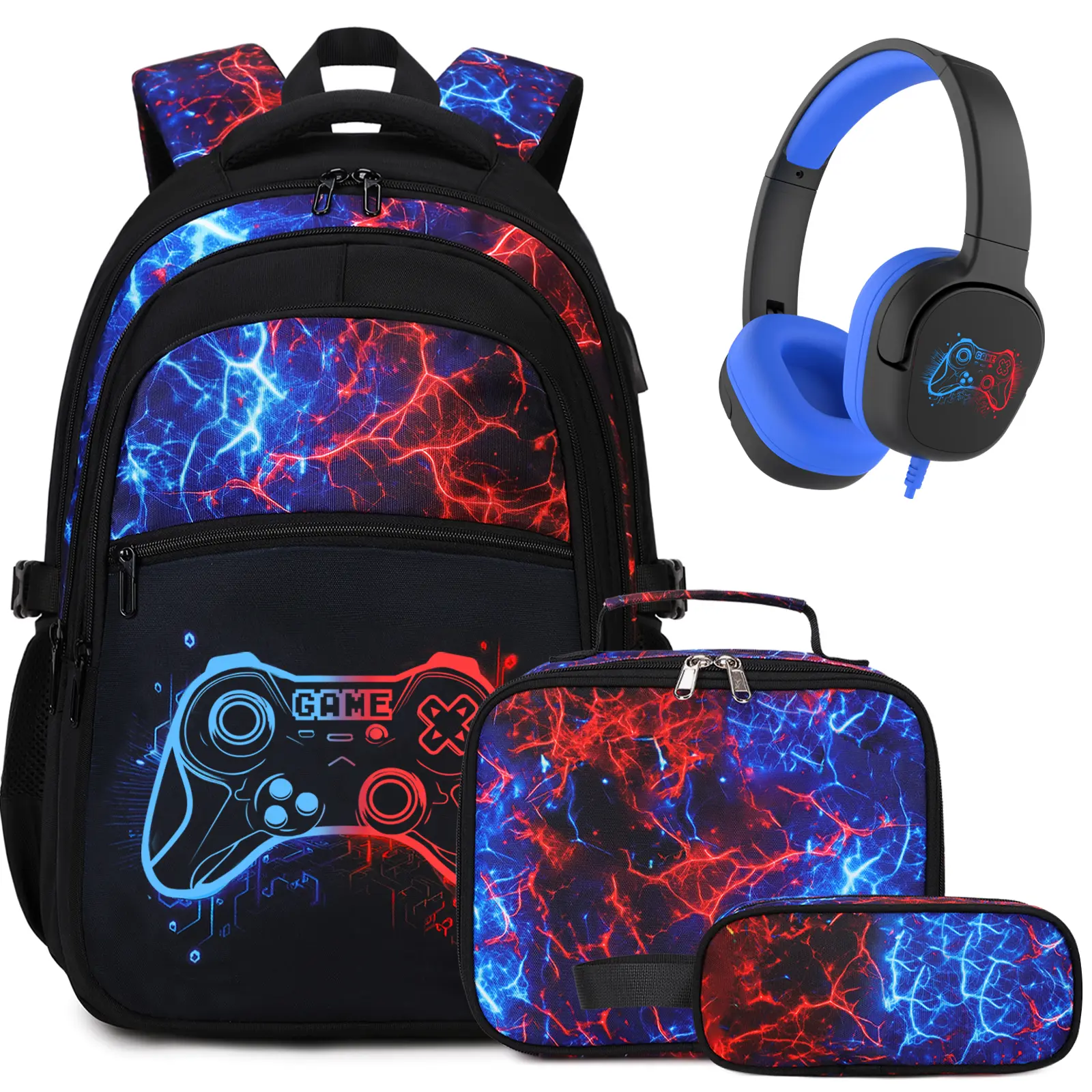 SIMILOVE 3/4PCS Boys Backpack for School, Cool Luminous Gamer Backpack for Boys with Lunch Bag&Pencil Case&Earphones, Kids Backpacks Bookbag for Teen Boy Elementary Middle High School with USB Charging Port, Back to School Gift, Birthday's Gift