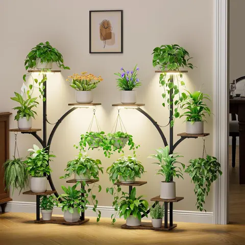 Summerwins 2-Pack Durable 6-Tiered Corner Indoor Plant Stand with Grow Lights, 47in Tall Sturdy Rack, Anti-Tip Safe for Bedroom Use, Holds Multiple Planter Pots & Hanging Planters, Ideal for Home Decor