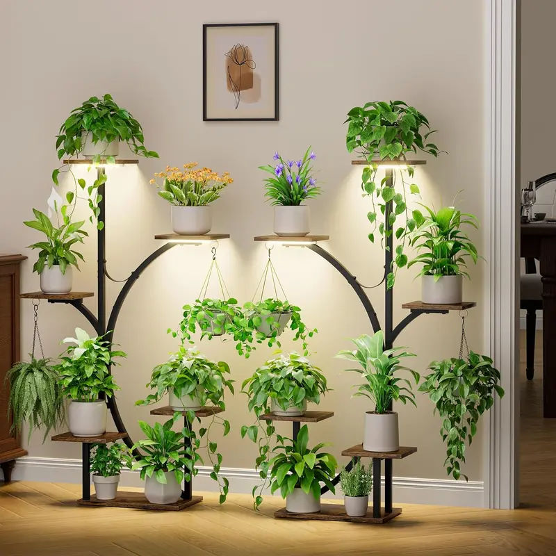 Summerwins 2-Pack Durable 6-Tiered Corner Indoor Plant Stand with Grow Lights, 47in Tall Sturdy Rack, Anti-Tip Safe for Bedroom Use, Holds Multiple Planter Pots & Hanging Planters, Ideal for Home Decor