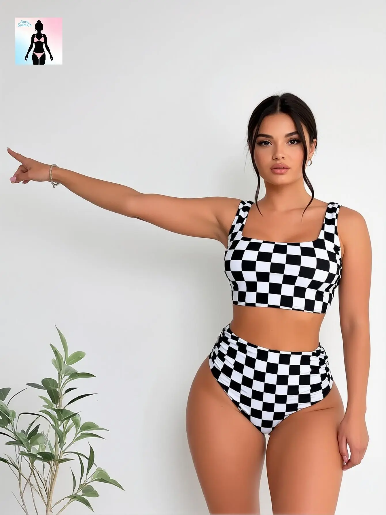Women's Checkerboard Plaid Tummy Control High-Waisted Square Neck 2-Piece Bikini Set - Quick-Dry Plus Size Swimwear, Summer Beach Pool Party Essential, Tummy Control Swimsuits for Women, 2 Piece Sets Swimsuits