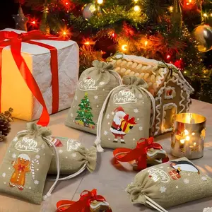 24 pieces of Christmas linen gift bags with drawstrings - reusable linen gift bags, Christmas decorations, linen Christmas candy bags with designs of Santa Claus, reindeer, snowman and Christmas tree, suitable for holiday party gifts and gift packaging.