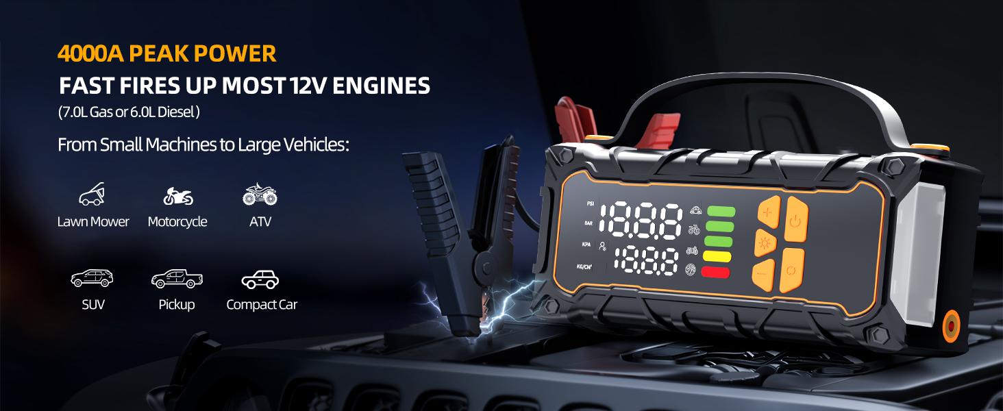 AAIVV Upgraded Portable Car Jump Starter,4000A Car Battery Starter, with 160PSI Tire Inflator, 12V Car Battery Starter, 15000mAh Mobile Power Bank, with LED Light. AAIVV Upgraded Portable Car Jump Starter,4000A Car Battery Starter, with 160PSI Tire Inflator, 12V Car Battery Starter, 15000mAh Mobile Power Bank, with LED Light.