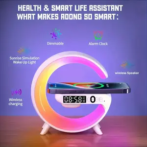 Multifunctional wireless speaker, with mobile phone charger, adjustable light alarm clock, sunrise simulation, night light, USB Type-C, button control, 5.2 surround sound, rechargeable lithium polymer battery