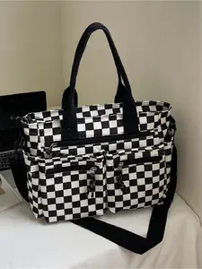 Checkered pattern corduroy large capacity multi pocket mommy bag with simple design, portable crossbody bag, Casual Handbags, Casual Commuter Bag for work and daily use, tote bag, Lightweight Tote Bag