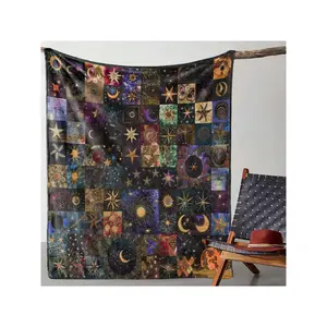 Enchanting Celestial Patchwork Throw Blanket with Stars, Moons & Cosmic Patterns