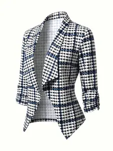 European and American Style Womenswear Suit Top Coat, Elegant and Fashionable, Fit, Versatile Houndstooth Print Design, Perfect for Any Occasion, Everyday