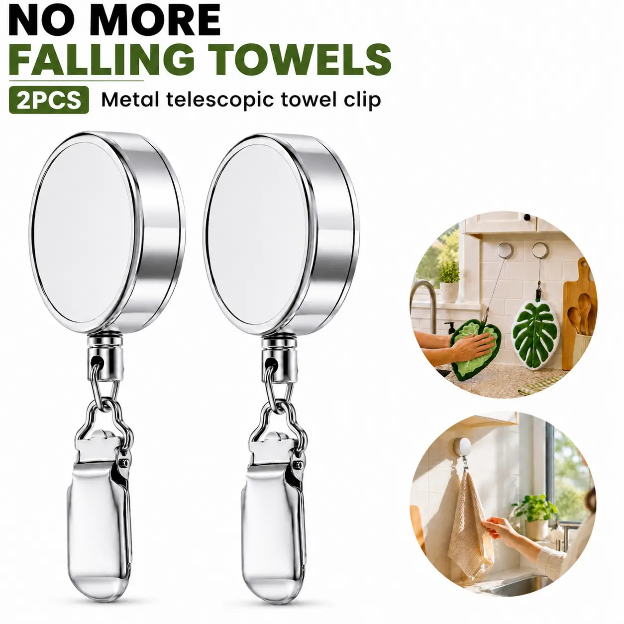 Nestly Home 2PCS Heavy-Duty Metal Telescopic Towel Clips - Adhesive Wall Mount Bathroom Hooks for Towels, Absorbent Sponge Use, Damage-Free Auto-Retracting Home Organizing Hooks & Rails