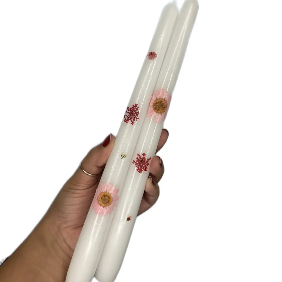 Pressed flower candles. Set of two. White/Pink/Red