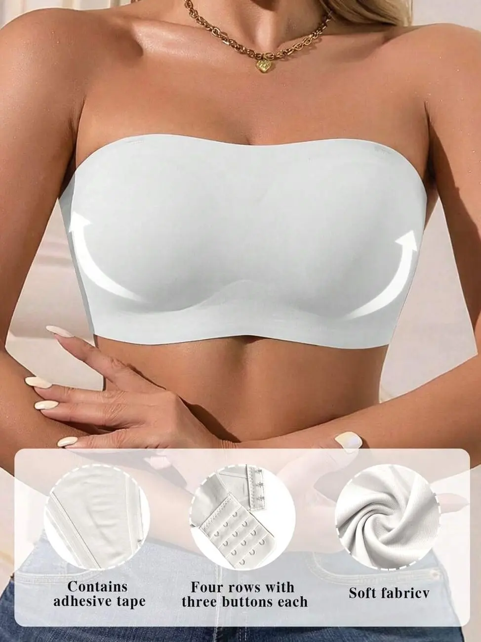Strapless Bandeau Bra With Non-Slip Adhesive Tape and Adjustable Back Closure for Weddings and Evening Wear