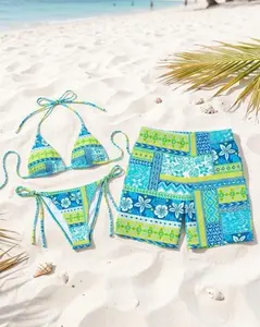 Teal and Lime Mandala Bikini and Swim Trunks, Boho Plumeria Beach Outfits, His and Hers Summer Set Matching Couple Swimwear Set