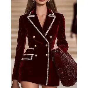 Elegant vintage wine velvet long jacket with trim, casual double-breasted front design, perfect as a stylish coat
