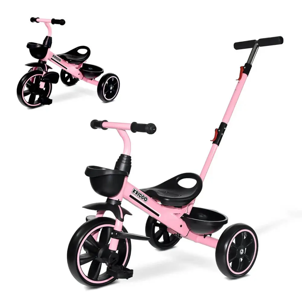 KRIDDO Navi-Go Toddler Tricycle - 18 Months-5 Years, 2-in-1 kids tricycle,Parenting & Toddler Activities, Extended Push Handle, Foldable Front Footrest, Durable Carbon Steel Frame, Dual Baskets, Anti-Slip Grip, Portable Outdoor Ride-On Toy,boys&girl Gift
