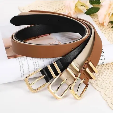3 Pack(M)Women Belts For Jeans Dresses Pants Ladies PU Leather Waist Belt with Gold Buckle