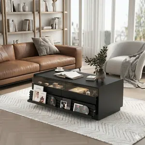 47.2" Modern Fluted Wood Coffee Table - Rectangle Living Room Table with 4 Drawers, 2 Display Shelves and Tempered Glass