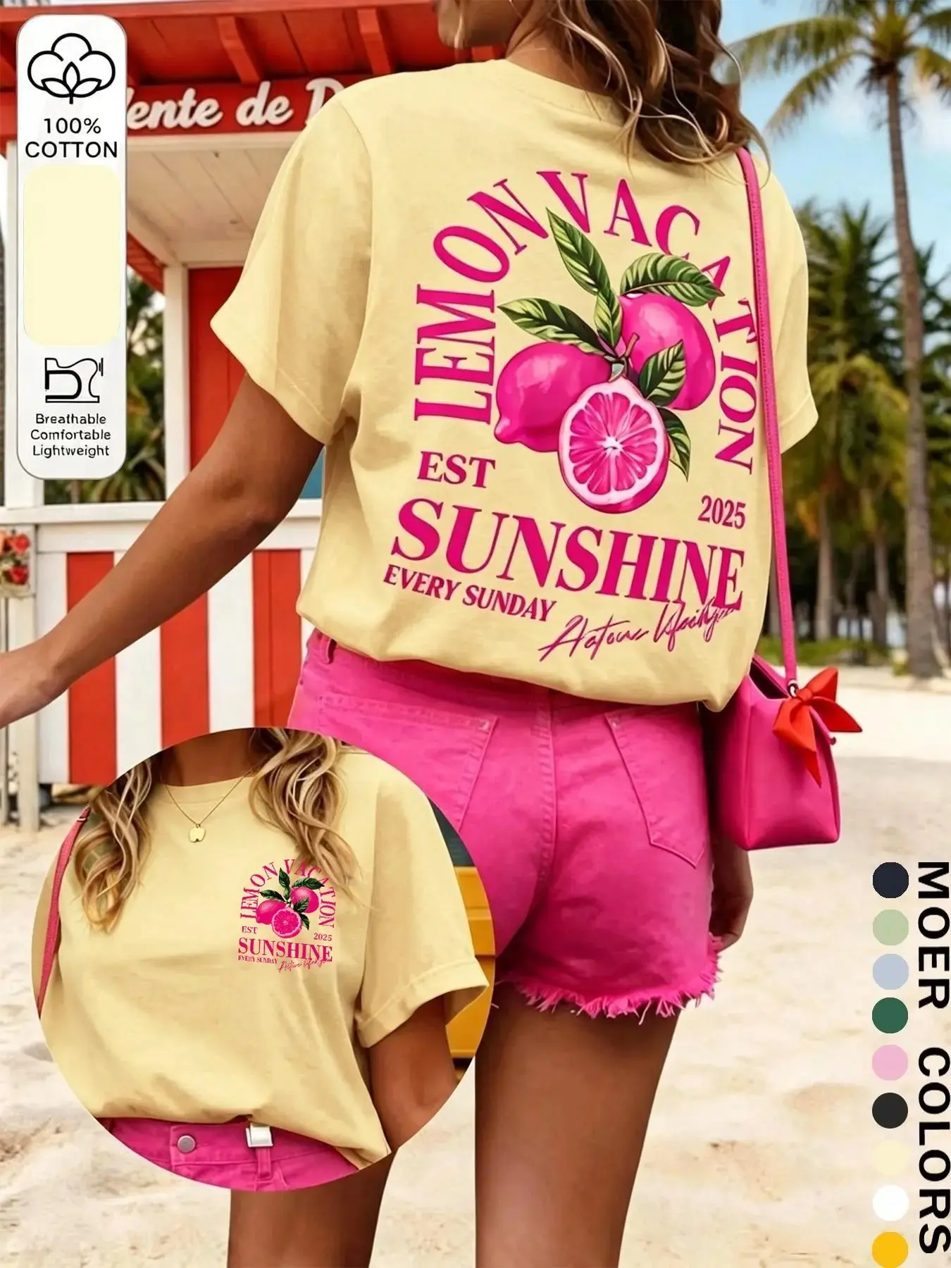 Women's Letter Lemon Print Casual Everyday Pure Cotton T-Shirt, Retro Style, Loose-Fitting, Half Sleeve, Without Zipper, with Collar