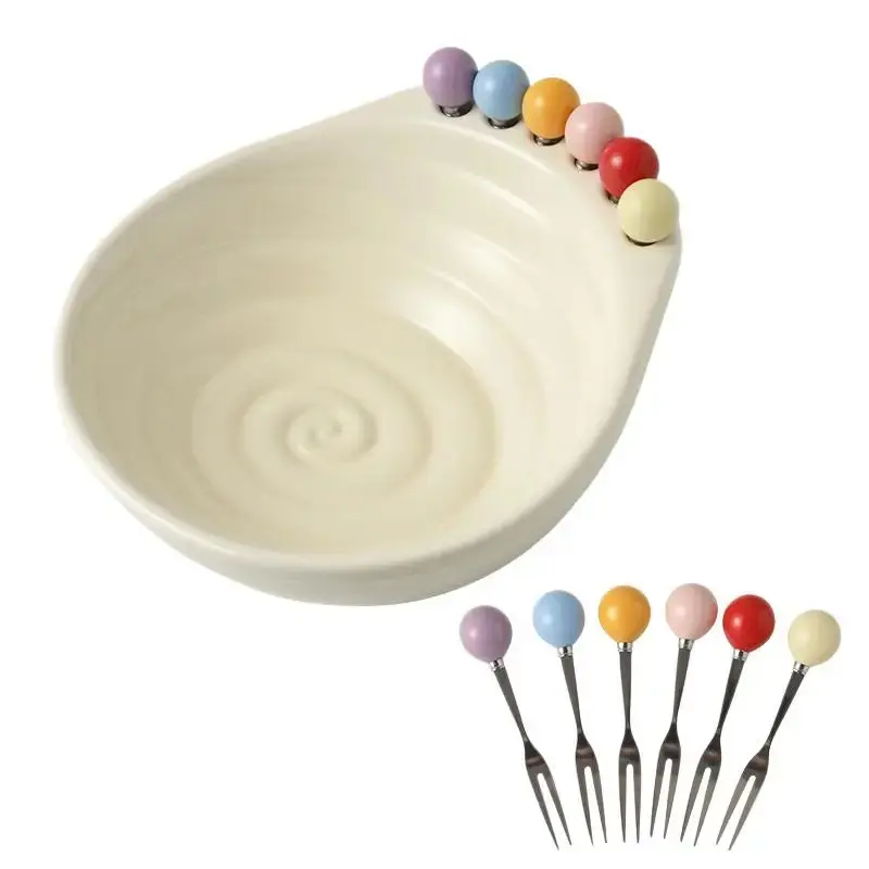 Decorative fruit plate with fork, geometric pattern, large capacity fruit plate, ABS material, with fruit fork, snack plate