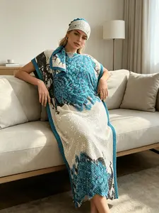 2026 New Arrival Women's Dress 2 Piece Set – Multiple Colors Fashion Pleated Diamond-Embellished Kaftan Maxi Dress with Matching Headscarf, Silky Loose Fit, Plus Size Friendly, Luxury Evening Gown & Beach Cover Up, Must-Have Statement Piece, Caftan