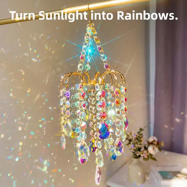 16 in/42cm Gold Metal Frame Synthetic Crystal Hanging Rainbow Maker - No Tools Needed, Easy Installation, Window Decor, Outdoor Garden Statue Sculpture Decor, Crystal Shimmer, Hangable Ornament
