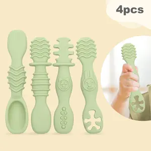 4-Piece Baby Silicone Teething Spoon Set, Food-Grade Silicone Spoons & Forks, Soft Feeding Utensils for Infants, Training Diningware, Cutlery Utensil Sets