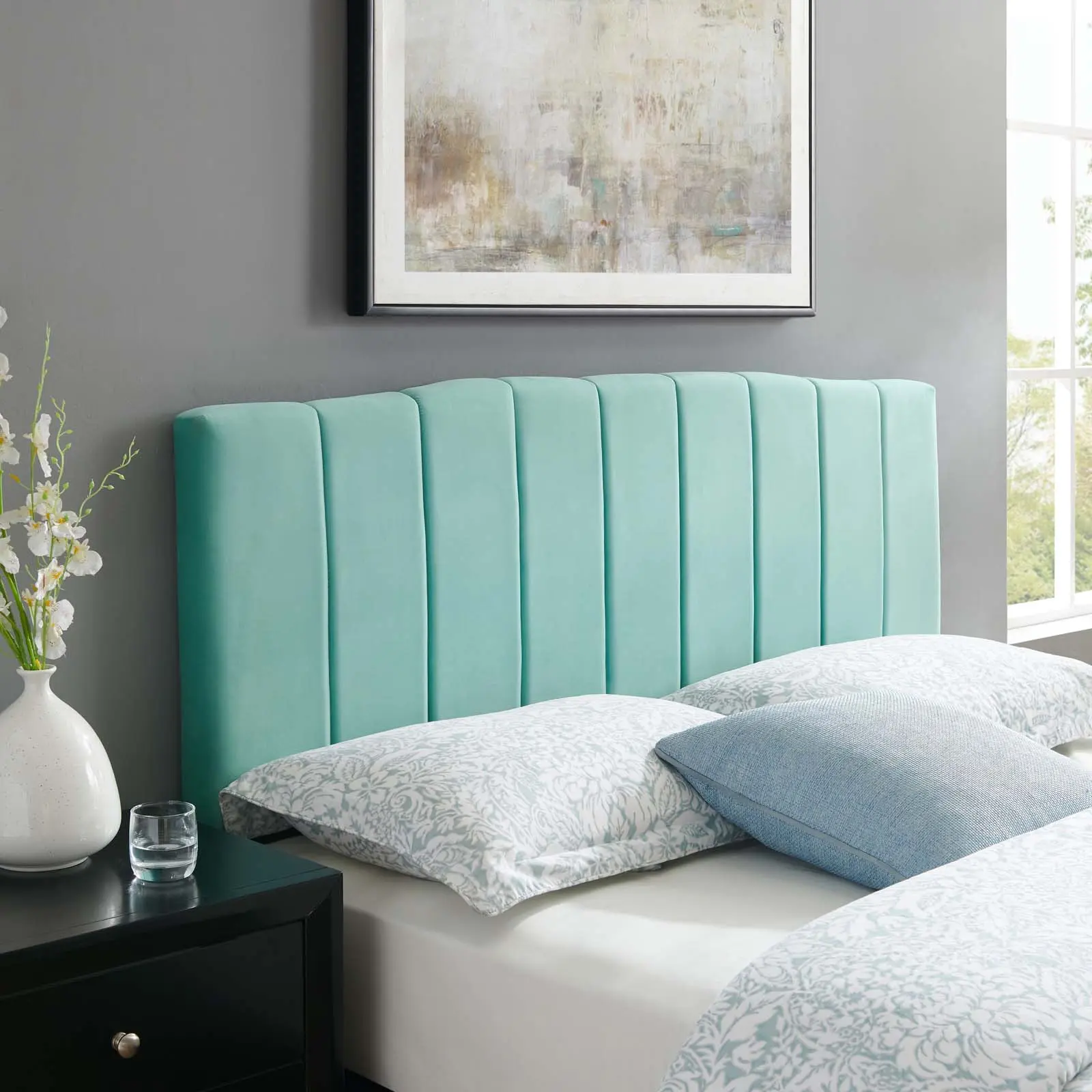 Modway Camilla Channel Tufted King-California King Performance Velvet Headboard, Mint, Adjustable Mounting Positions, Foam Padding, Glam Deco Style, Modern Bedroom Furniture