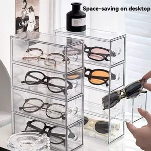 UFORU Integrated 4-Compartment Drawer Glasses Storage Box | Clear Acrylic Sunglasses Organizer | Dustproof Anti-Scratch Eyewear Display Case For Home Vanity Desk