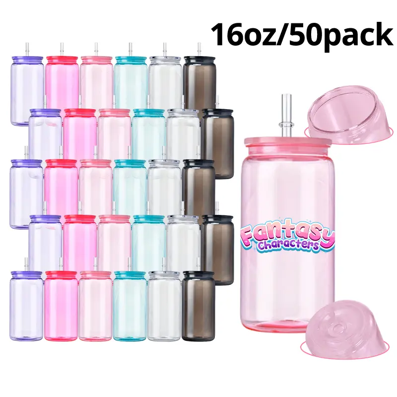 50-Pack 16oz Single-Wall Transparent Plastic Jelly Cups with Lids and Straws, UV DTF Sticker Custom DIY Drinkware, School Water Bottle Alternative, USA Warehouse Fast Shipping,50Pack