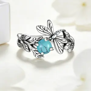 HXS 925 Sterling Silver Dragonfly Ring with Turquoise, Timeless Boho Jewelry