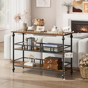 Three Tier Narrow Console Table Forty Three Inch Entryway Table with Storage Industrial Hallway Table Rustic Brown Pedestal Tabletop Mode