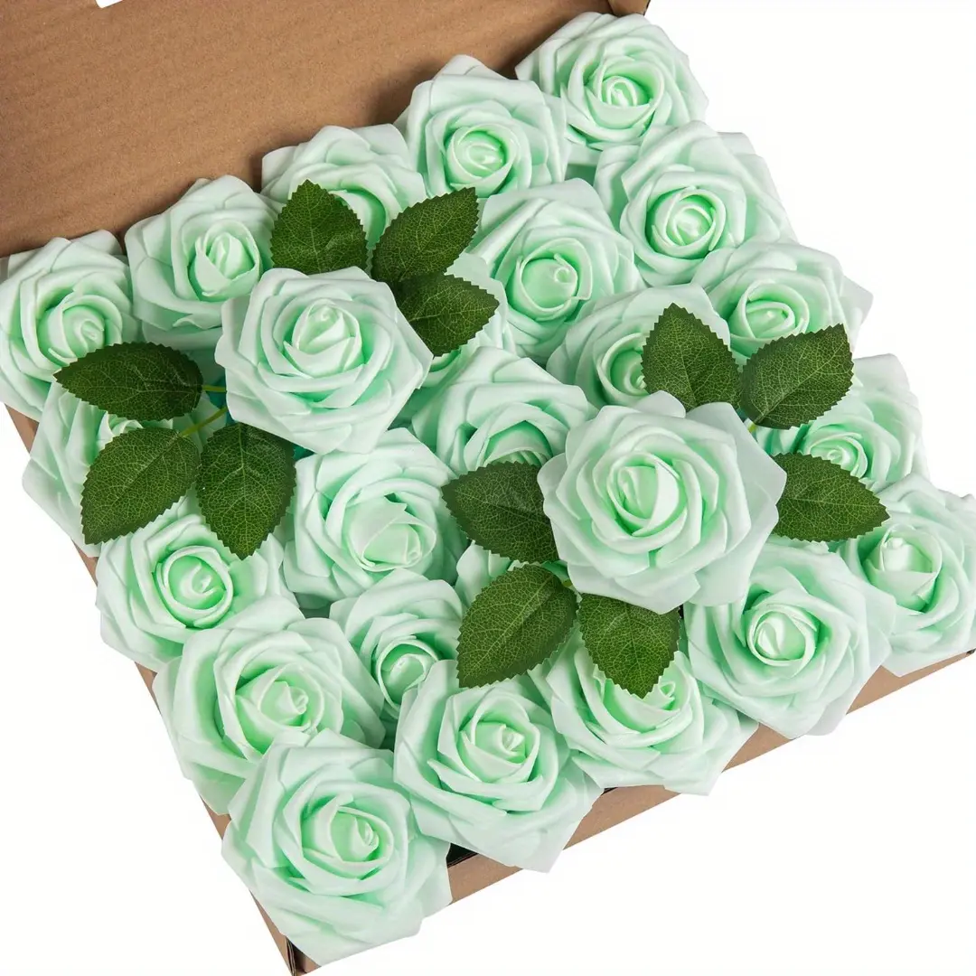 50pcs Mint Green Foam Roses with Stems - Realistic Decorative Ornaments for Wedding Decor, Bridal Bouquets, Home Supplies, Gift Options