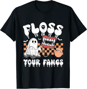 Retro Cute Floss Your Fangs Funny Dental Halloween Ghost T-Shirt - Ajitasirba Shop 21B0FNSCXX66