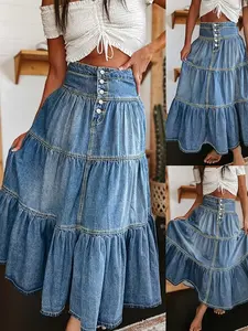 KCGH 2026 New Plus Size Denim Pleated Tiered Skirt for Women, Preppy Elegant Chic Style High Waist A Line Skirt Womenswear
