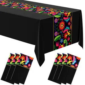 Mexican Fiesta Tablecloth Floral Design Waterproof Plastic Table Cover 108x54 Inch for Cinco de Mayo, Taco Night, Birthday Party Decor