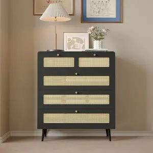 4 Drawer Dresser, Rattan Chest of Drawers with Rounded Corners & Wide Drawers, Wood Dresser for Bedroom, Living Room, Hallway, Entryway, Nursery, Closets