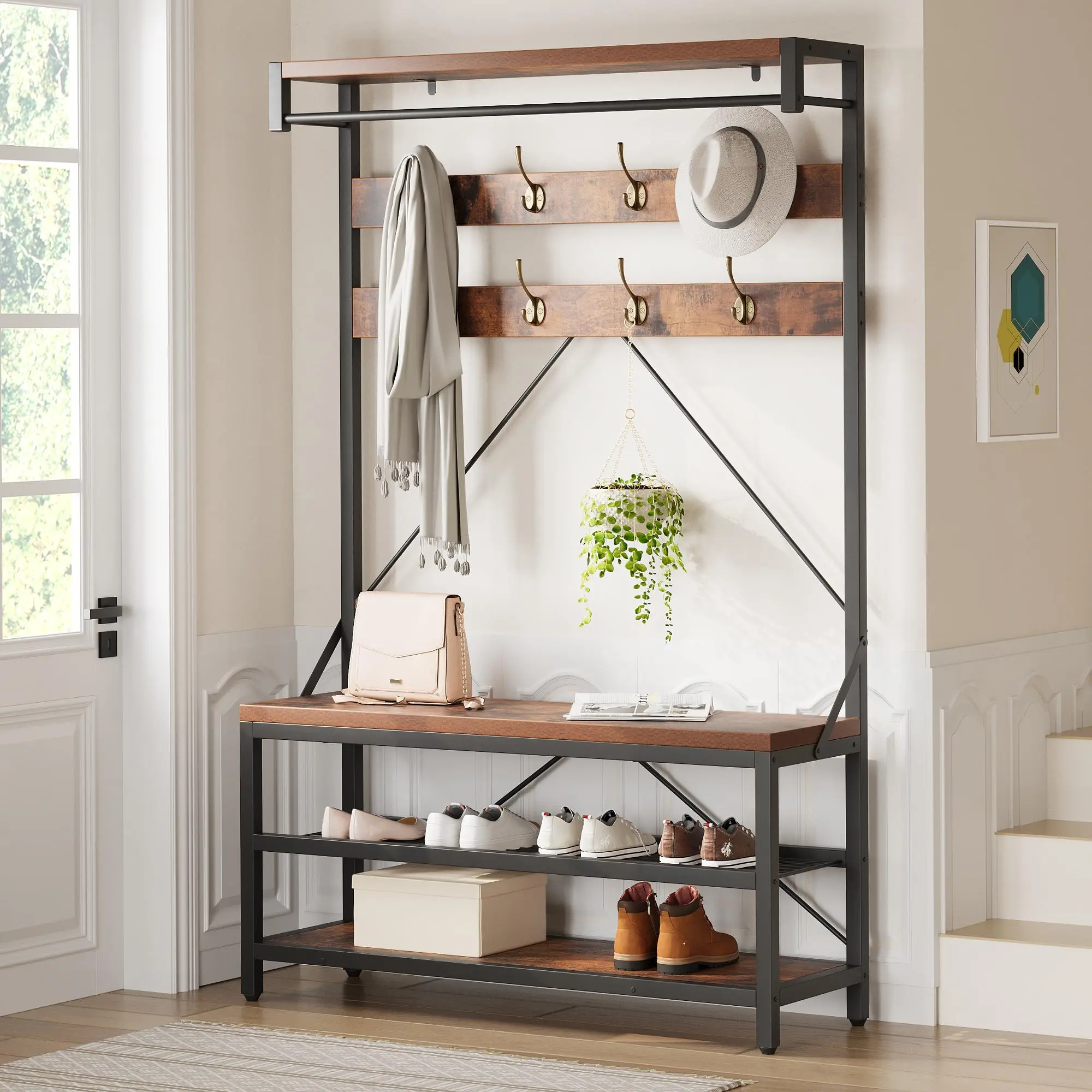 Garvee shoe storage shelf, cabinet with bench, clothes hanger with 8 hooks and shelf, 102 x 40 x 183 cm, wardrobe, for hallway, bedroom, industrial style, brown